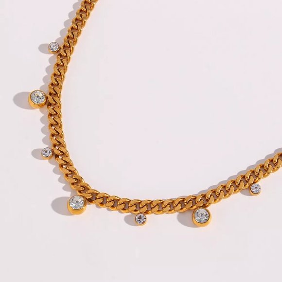 Chunky Cuban Chain Choker Necklace Zircon Charms 18K Gold Plating - Picture 9 of 9